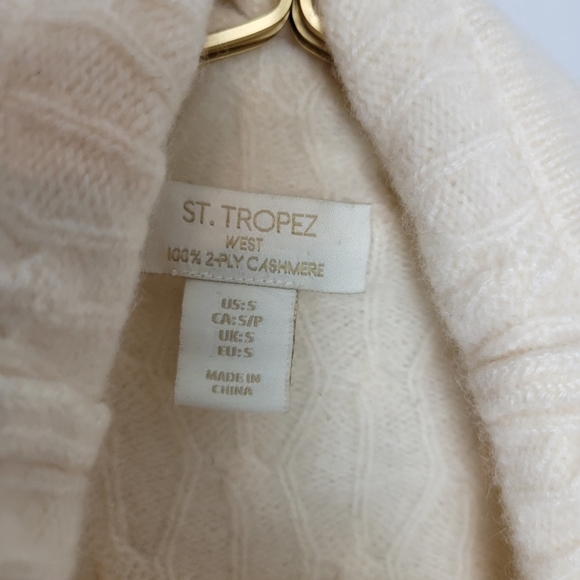 Small St. Tropez Cream 2 Ply Cashmere Cableknit Shawl Collar Open Front Cardigan - Picture 4 of 6